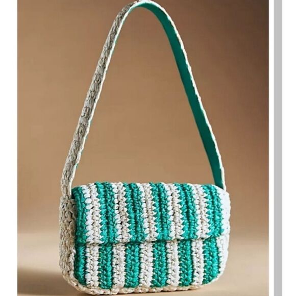 NWOT Anthropologie Striped Raffia Shoulder Bag Green Retro Cream Chic Street - Picture 1 of 13